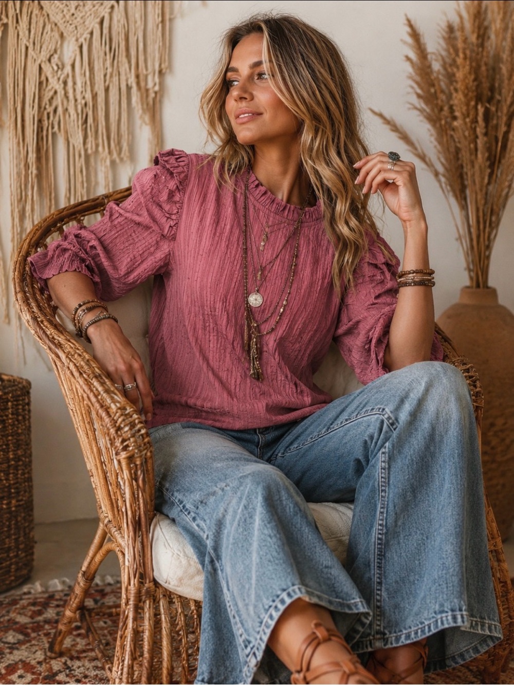 THML Mauve Crinkle Ruffle Sleeve Top